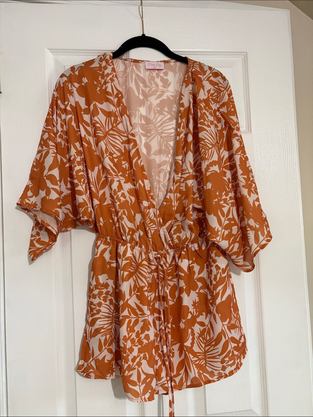 Pink Lily Rust Floral Tie-Waist Kimono Romper